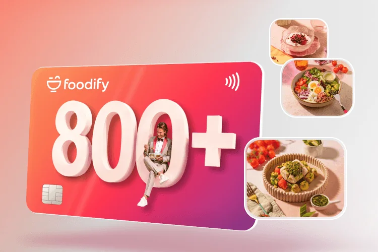 Karta Foodify 800+ obok trzech dań z menu Foodify
